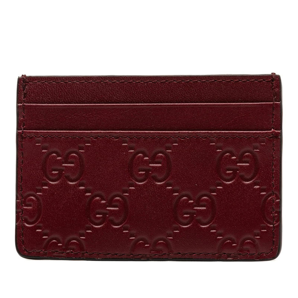 Gucci GG Emblem Card Case Wallet Pass Wine Red Bordeaux Purple Brown Leather